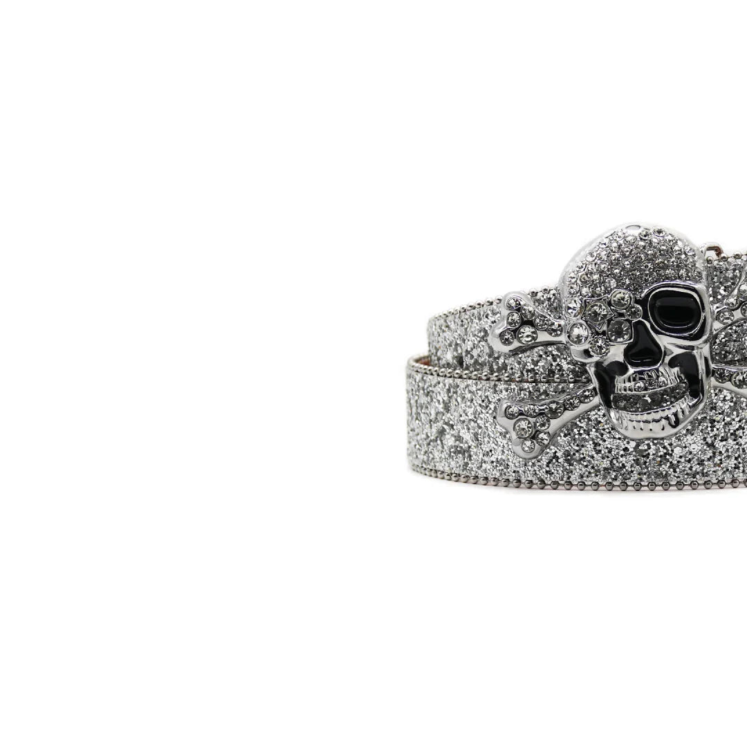 Ornate Skull Buckle Silver Studded Rhinestone Belt