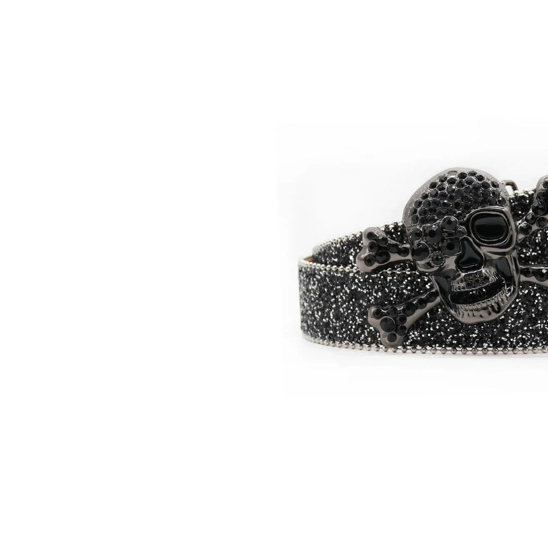 Midnight Black Western Skull Buckle Rhinestone Belt