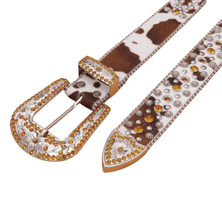 Gold Studded Cow Skin Style Rhinestone Western Belt