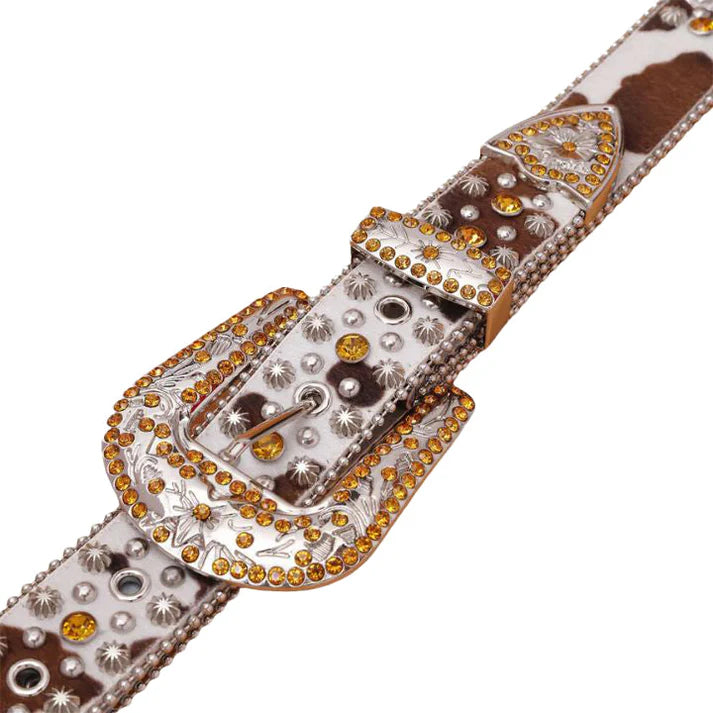 Gold Studded Cow Skin Style Rhinestone Western Belt