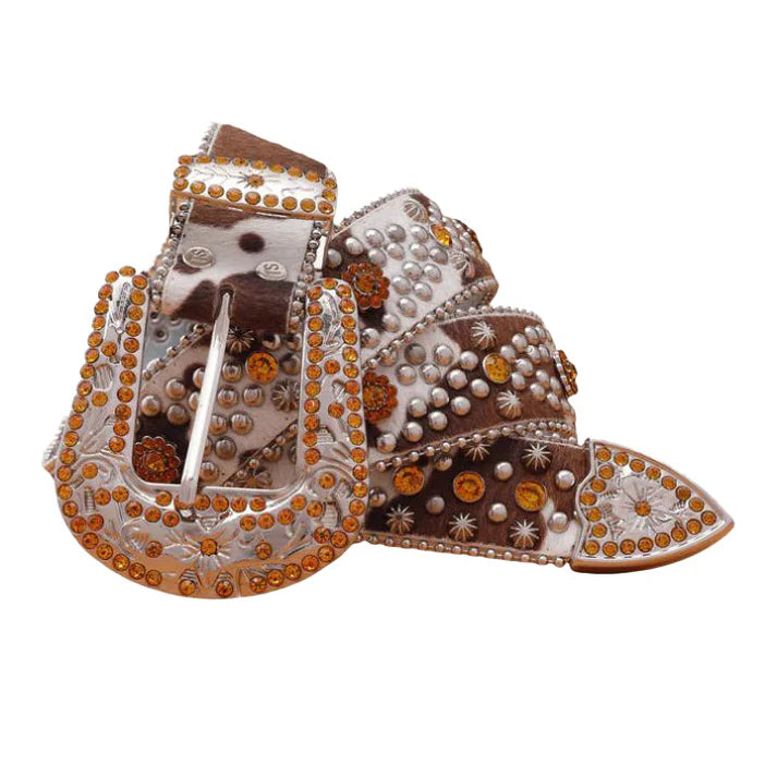 Gold Studded Cow Skin Style Rhinestone Western Belt