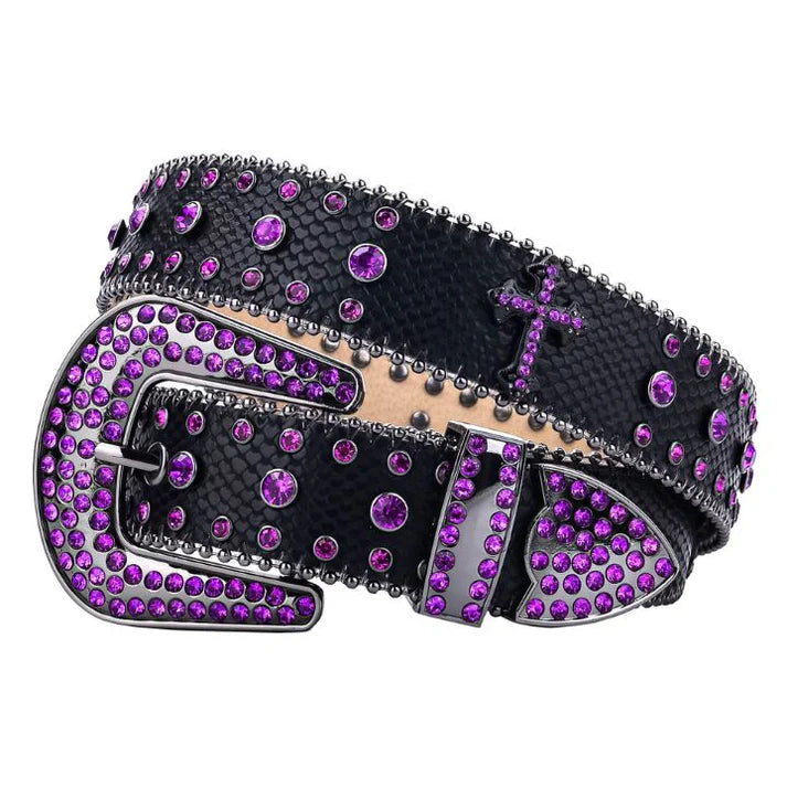 Purple Cross Rhinestone Western Belt with Stones
