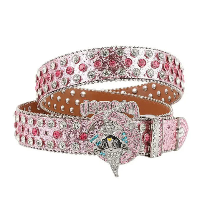 Pink Rhinestone Cat Buckle Western Belt