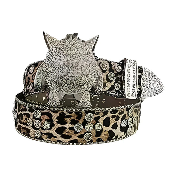 Leopard Print Monster Buckle Rhinestone Belt