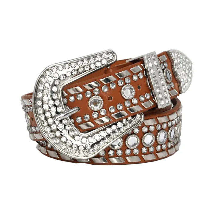 Brown Western Crystal Rhinestone Belt with Silver Studs