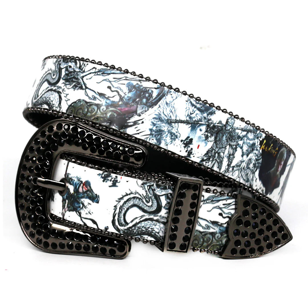 Engraved Halloween Buckle Black Shiny Rhinestone Belt