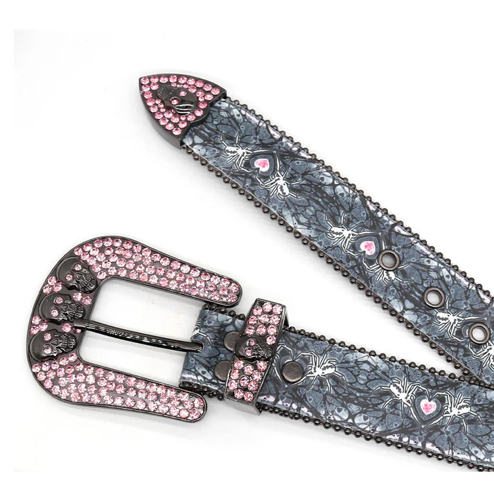 Skull Buckle Spider Strap Pink Studded Rhinestone Belt