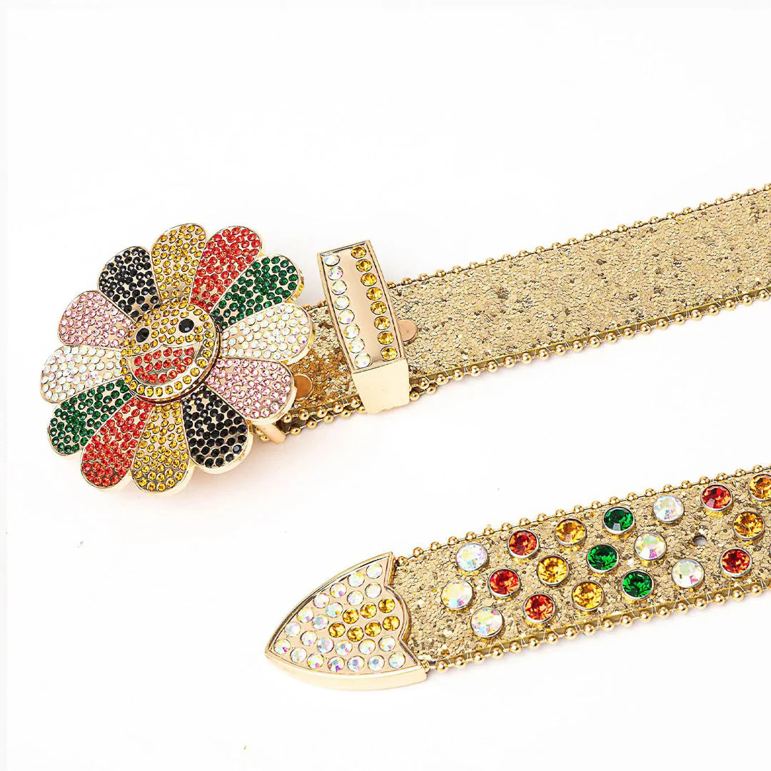 Flower Buckle Gold Strap Multi-Color Rhinestone Studded Belt