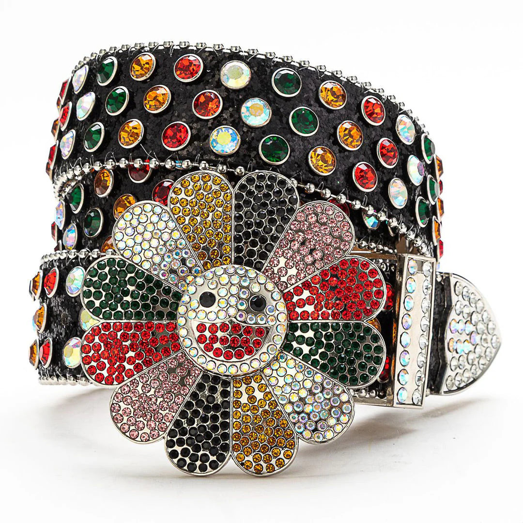Flower Buckle Black Strap Multi-Color Rhinestone Studded Belt
