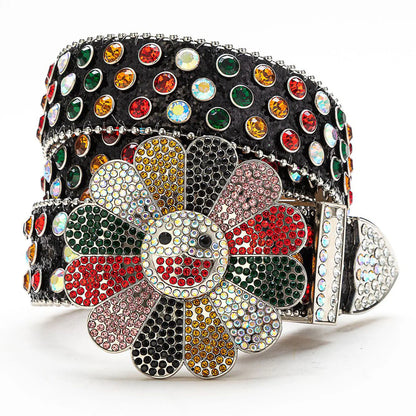 Flower Buckle Black Strap Multi-Color Rhinestone Studded Belt