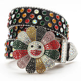 Flower Buckle Black Strap Multi-Color Rhinestone Studded Belt