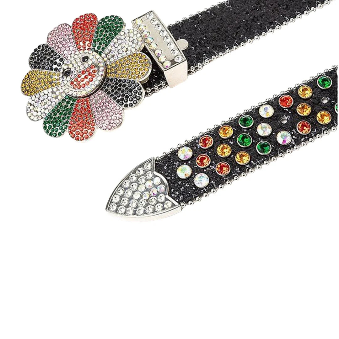 Flower Buckle Black Strap Multi-Color Rhinestone Studded Belt