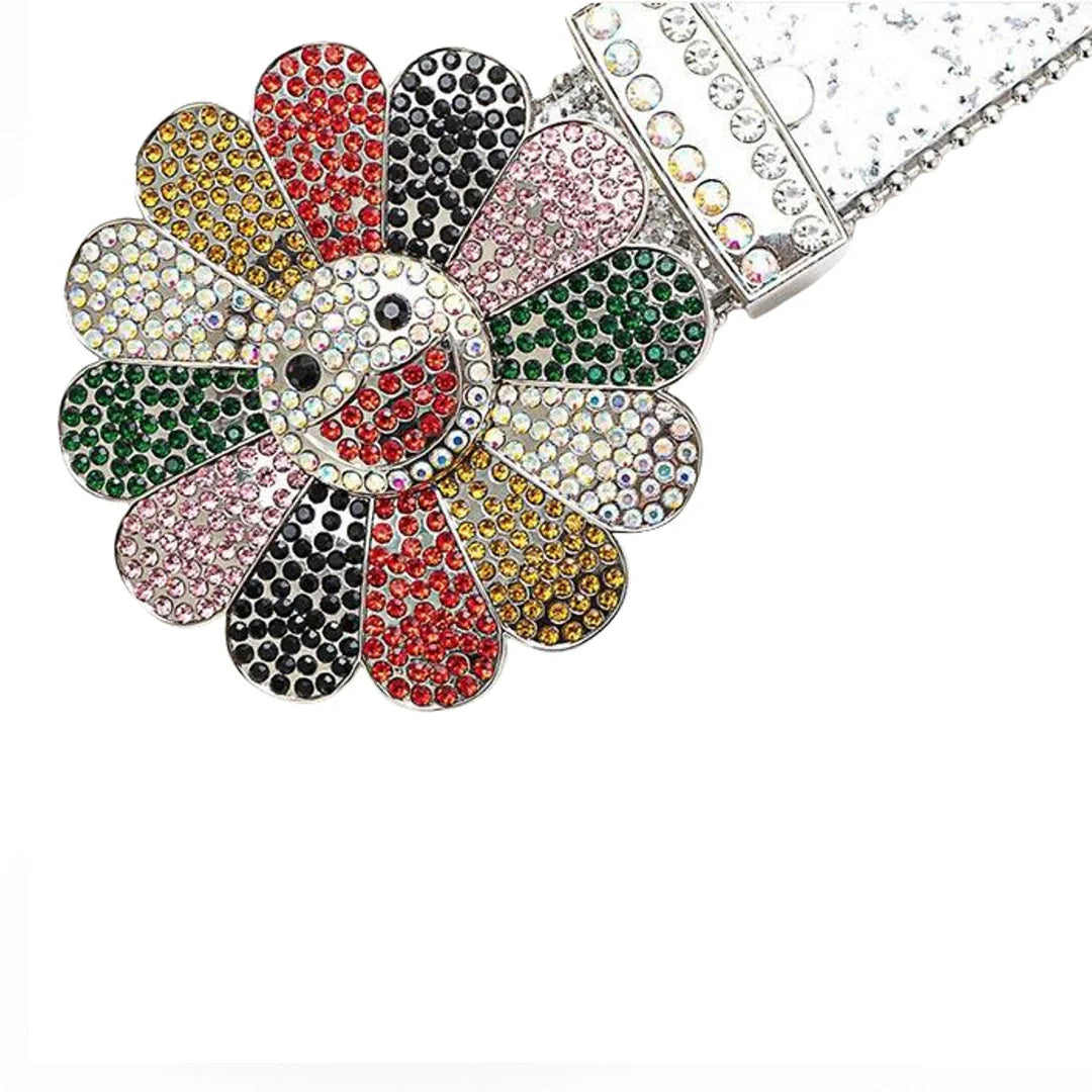 Flower Buckle Silver Strap Multi-Color Rhinestone Studded Belt