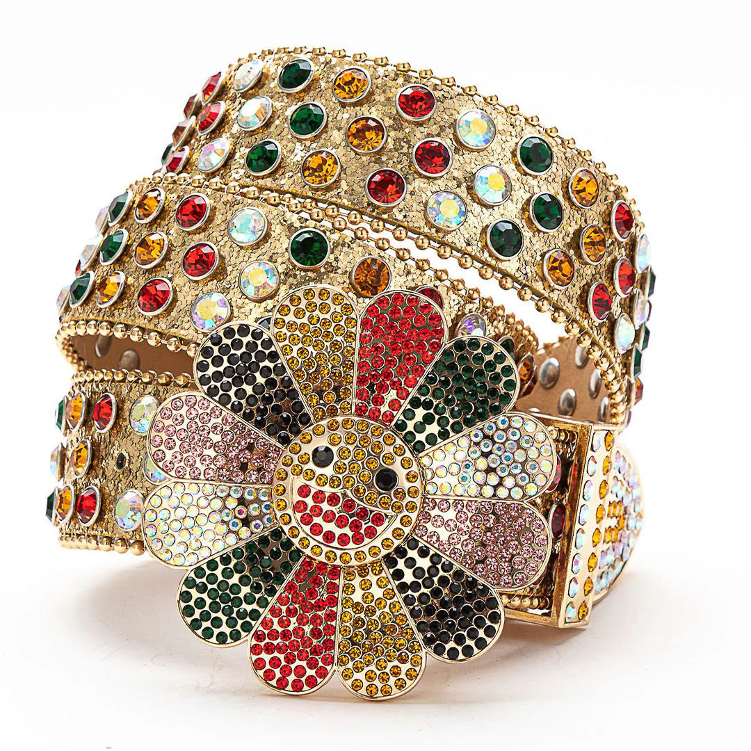 Flower Buckle Gold Strap Multi-Color Rhinestone Studded Belt