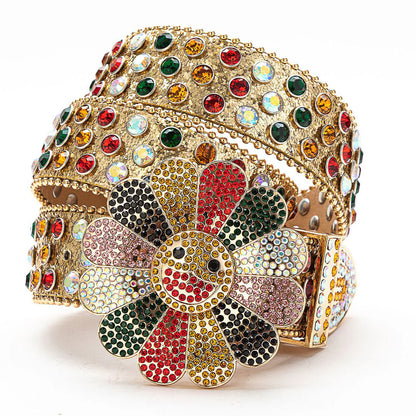 Flower Buckle Gold Strap Multi-Color Rhinestone Studded Belt