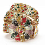 Flower Buckle Gold Strap Multi-Color Rhinestone Studded Belt