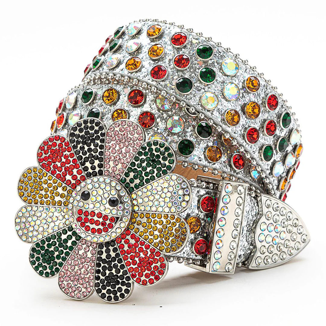 Flower Buckle Silver Strap Multi-Color Rhinestone Studded Belt