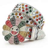 Flower Buckle Silver Strap Multi-Color Rhinestone Studded Belt