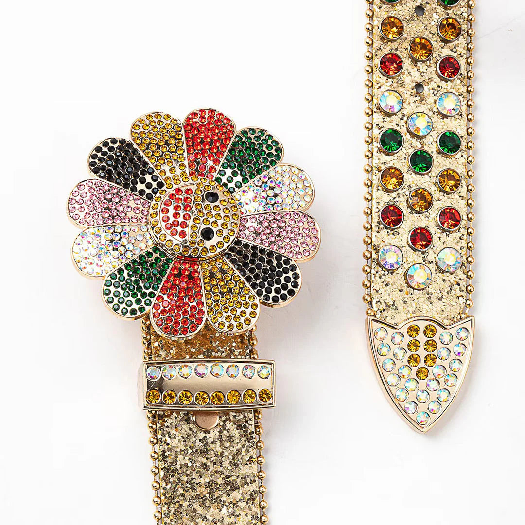 Flower Buckle Gold Strap Multi-Color Rhinestone Studded Belt