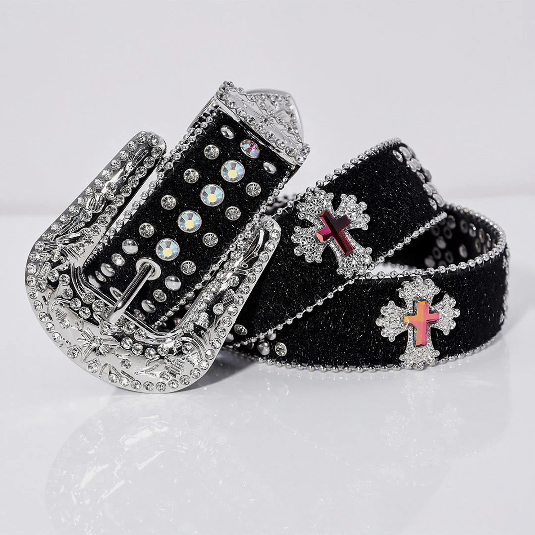 Engraved Pink Cross Buckle Black Strap White Rhinestone Belt