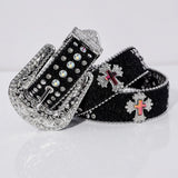 Engraved Pink Cross Buckle Black Strap White Rhinestone Belt