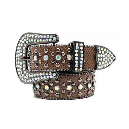 Brown Leather Designer Buckle Sparkling Belt